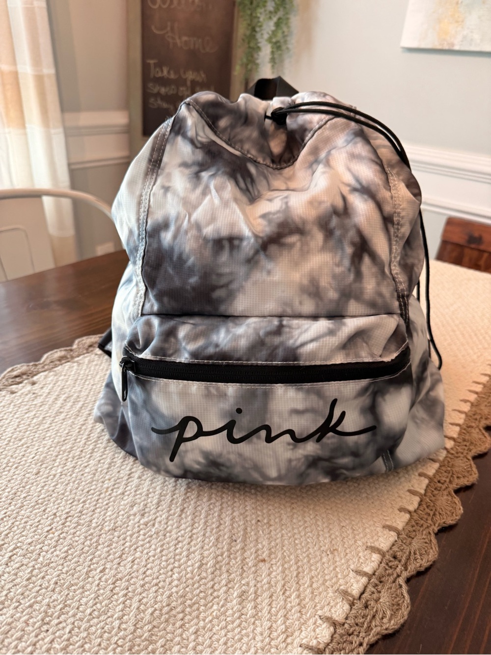 Victoria's Secret PINK Packable Backpack Fanny Pack Black White Tie Dye Bag